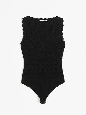 Abercrombie & Fitch Crochet Style Mosaic Tile Bodysuit Medium Black New